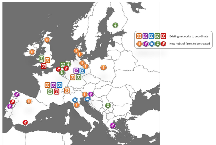 Map of the future organisation of the IPMWORKS IPM Farm Demo network, highlighting existing national networks and new hubs, for the five agricultural sectors.